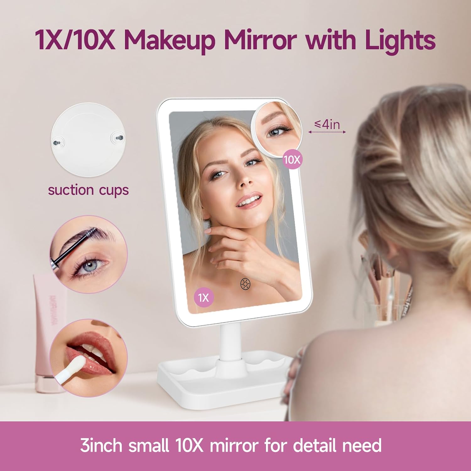 FUNTOUCH Rechargeable Lighted Mirrors for Makeup, 2000mAh, 10X Magnification/3 Color Lighting Portable Tabletop Cosmetic Make Up Mirror, 360° Rotation Led Light up Mirrors with Storage,White